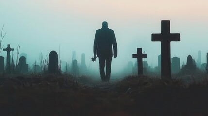 A man walking into a foggy cemetery at dusk, holding a single flower, mysterious visit, loss and remembrance