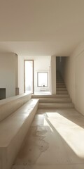 Fototapeta premium Modern Minimalist Home Interior Design with Concrete Stairs and Sunlight