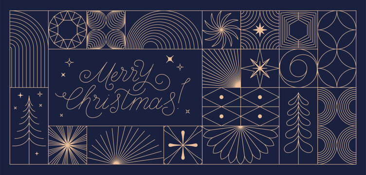 Vector greeting card with stars and sparkles in line style  - merry christmas hand-lettering with line shapes and forms, horizontal banner and background, happy holidays