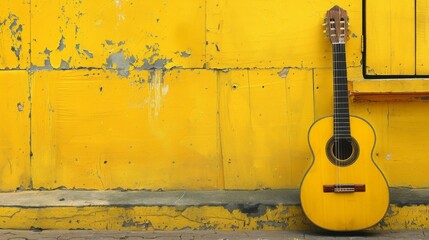 Obraz premium Yellow Acoustic Guitar Against Grunge Wall