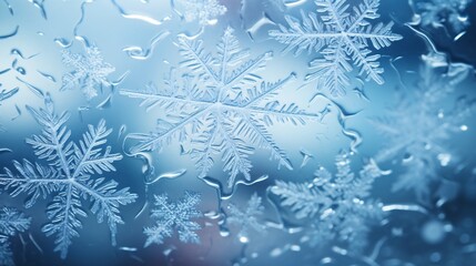 Snowflakes forming intricate patterns on a frozen window
