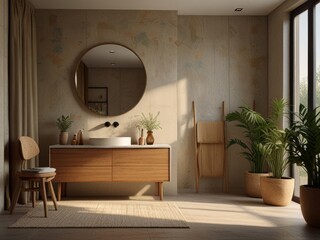 A minimalist bathroom features a wooden vanity with a large round mirror and a single pendant light