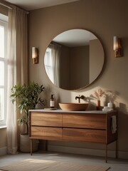 A minimalist bathroom features a wooden vanity with a large round mirror and a single pendant light