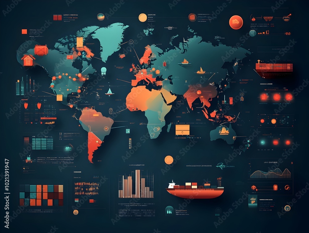 Poster comprehensive digital logistics map visualizing worldwide supply chain data visualization of real ti