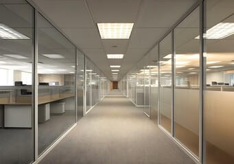 Empty Office Corridor with Glass Walls and Ceiling Lights