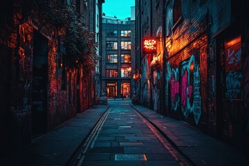 Fototapeta premium A Narrow, Dark Alleyway Lined with Brick Walls and Graffiti