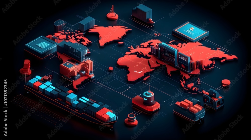 Poster sophisticated global logistics visualization of supply chain networks and container ship routes for 