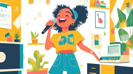 Joyful Young Girl Singing with Microphone in Vibrant Bedroom Graphic Poster Style
