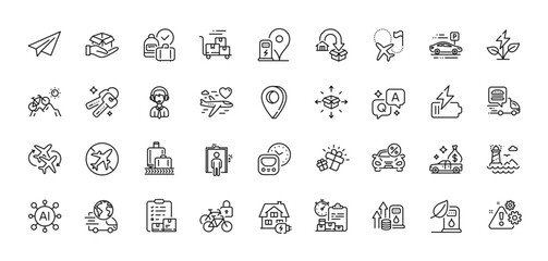 Inventory checklist, Battery and Shipping support line icons pack. AI, Question and Answer, Map pin icons. Cash transit, Gift, Bicycle lockers web icon. Vector