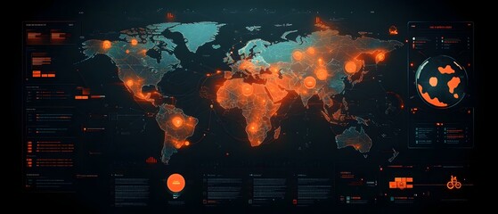 Detailed worldwide map overview showcasing a cutting edge AI driven logistics system with a dynamic data dashboard and interconnected maritime container shipping network