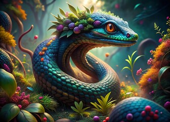 Obraz premium Enigmatic Snake Spirit Representing Wisdom and Transformation in Vibrant Nature Setting
