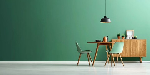 A mid-century inspired living room featuring mint chairs at a round wooden dining table, a minimalist sofa, and a vintage wooden cabinet near a pastel green wall, blending modern and retro vibes