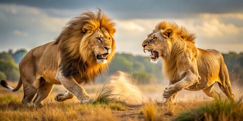 Fototapeta premium Epic Battle of Lions in the Wild: Fierce Competition for Dominance and Territory in Nature