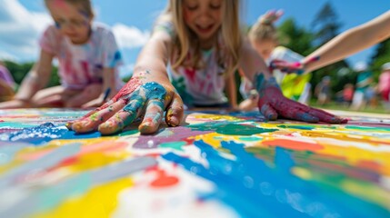 Fototapeta premium Children Creating Colorful Art Outside, Engaging in Fun and Creativity with Paint on Canvas