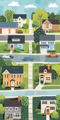 Obraz premium Illustrated Suburban Neighborhood With Houses, Trees, Cars, and a River