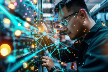 An engineer working on a network server while digital data flows around them