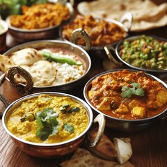 Indian Food Dishes in Bowls on Wooden Table