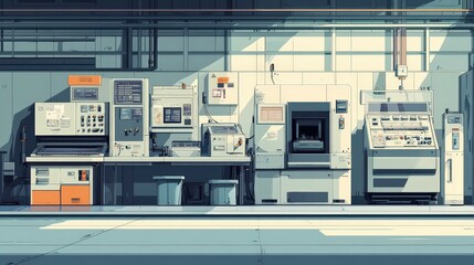 Anime Vector Industrial Factory: Minimalist Machinery & Workstations with Playful Color Palette