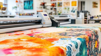 A vibrant fabric printing setup showcasing colorful designs and industrial equipment.