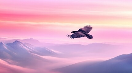 Fototapeta premium Raven Soaring Over Serene Pink Mountain Landscape at Sunrise, AI