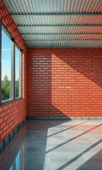 Sunlit corner with red brick walls and a reflective floor.