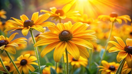 Sunbeams illuminate a field of bright yellow wildflowers with dark centers, creating a radiant scene of natural beauty.