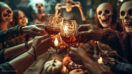 Fototapeta premium Friends enjoying a Halloween party at a bar making a toast