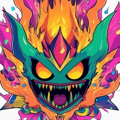 A striking cartoon mascot features a menacing face engulfed in vibrant flames