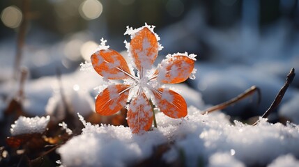 Snowflakes on a flower petal in a snowy garden