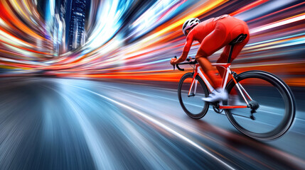 Cyclist Racing Through Vibrant City Lights at Night, AI