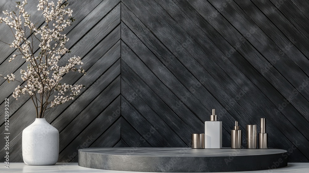 Aufkleber 3D cosmetic backdrop featuring a podium and rustic black wood design for product display 3D rendering visualization