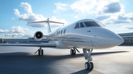 Obraz premium A sleek private jet parked at an airport under a blue sky with scattered clouds.