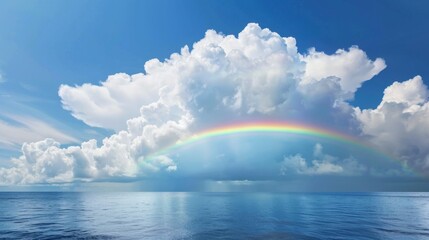 A rainbow is seen in the sky above the ocean