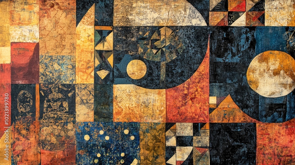 Poster Abstract painting featuring Ajrakh patterns block print designs and batik motifs in a digital textile background