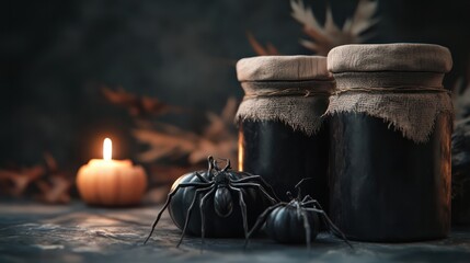 Halloween holiday concept. Masson jars with spiders, baths and wooden decorations
