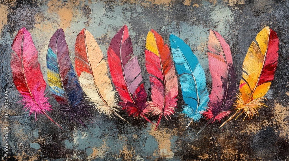Poster artwork featuring a composition of vibrant feathers on a textured backdrop suitable for interior dec