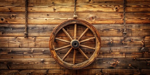 Obraz premium A rustic wooden wagon wheel hanging against a weathered plank backdrop, its spokes radiating outward like the arms of a sun setting over the horizon.