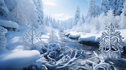 Snowflakes forming intricate designs on a frozen stream