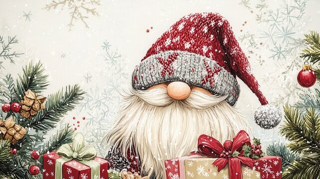  Merry Christmas, gnome with a long hat is holding gifts