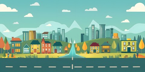 Naklejka premium Flat Cityscape with People and Road