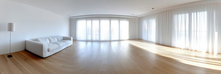 Fototapeta premium A minimalist living room featuring a white sofa, light wooden floors, and a large window with sheer curtains, creating a bright and airy space, displayed in a wide-angle panorama