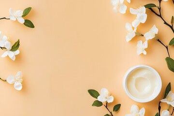White Flowers and Cream Jar on Peach Background