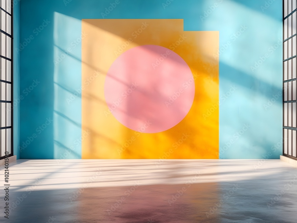 Poster minimalist 3d studio with prismatic color gradient backdrop empty concrete floor and wall soft shado