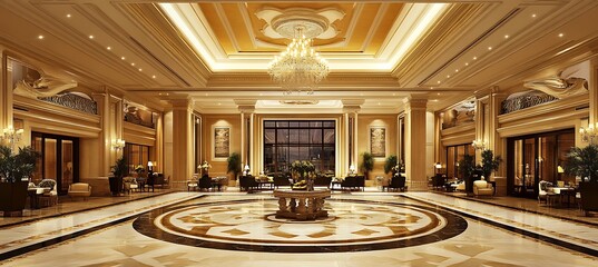 A luxurious hotel lobby with grand architecture, high-end finishes, and a welcoming atmosphere