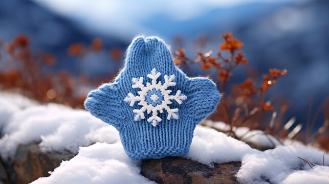 Macro shot of a single snowflake on a woolen mitten