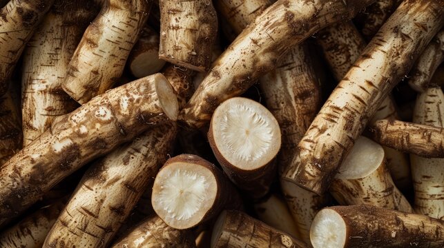 Close up of cassava background, top view. Photorealistic high resolution macro photography for advertising or food design