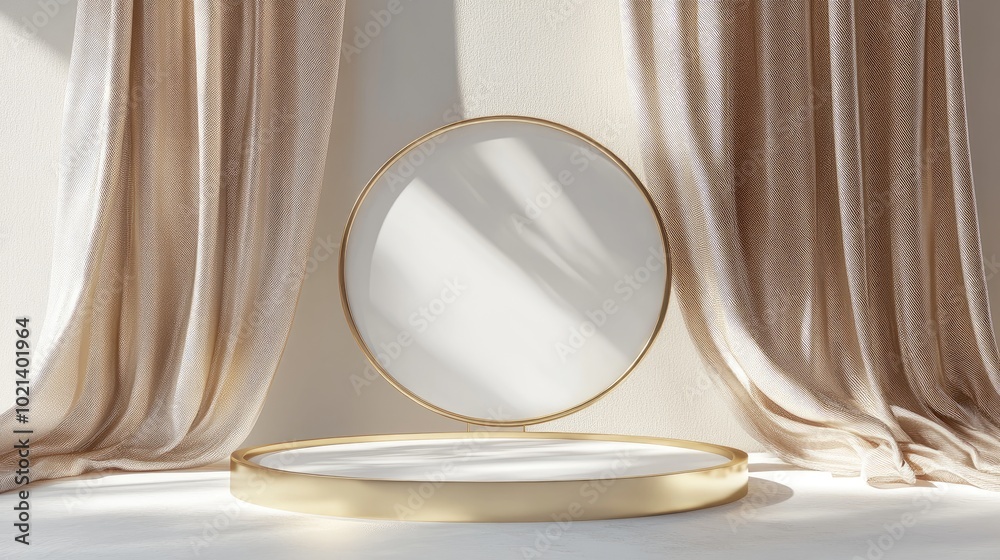 Poster 3d rendering of a circular podium with gold accents on textured fabric ideal for showcasing luxury c