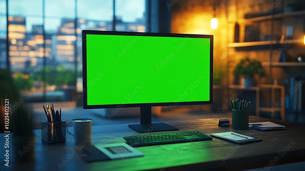 Aufkleber A modern workspace featuring a desktop computer with a green screen, surrounded by plants and ambient lighting, creating a cozy and productive environment.