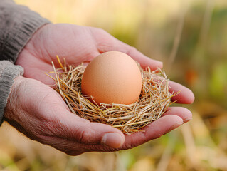 A hand holding an egg in a nest