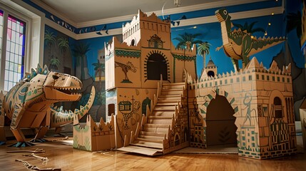 Dinosaur-Themed Playroom with Cardboard Fort